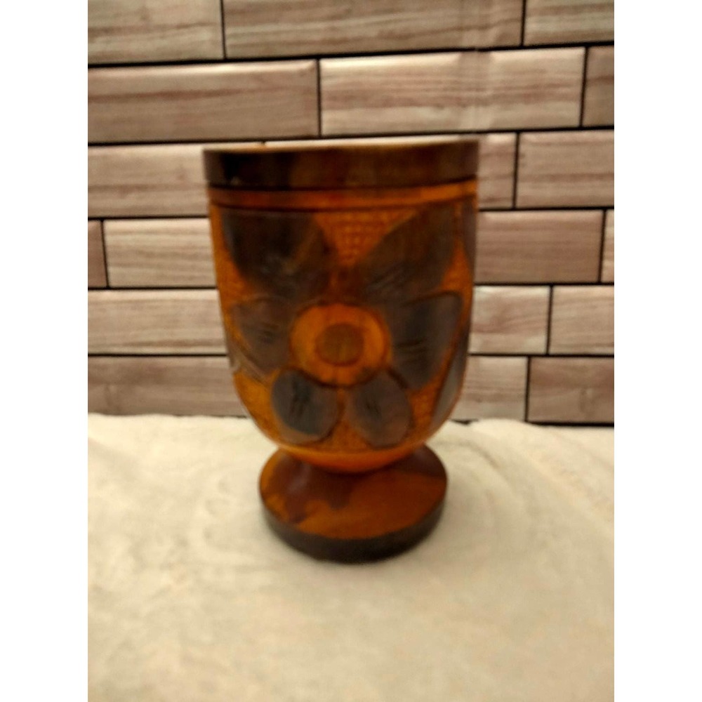 Hand turned floral carved wooden vase 7" tall